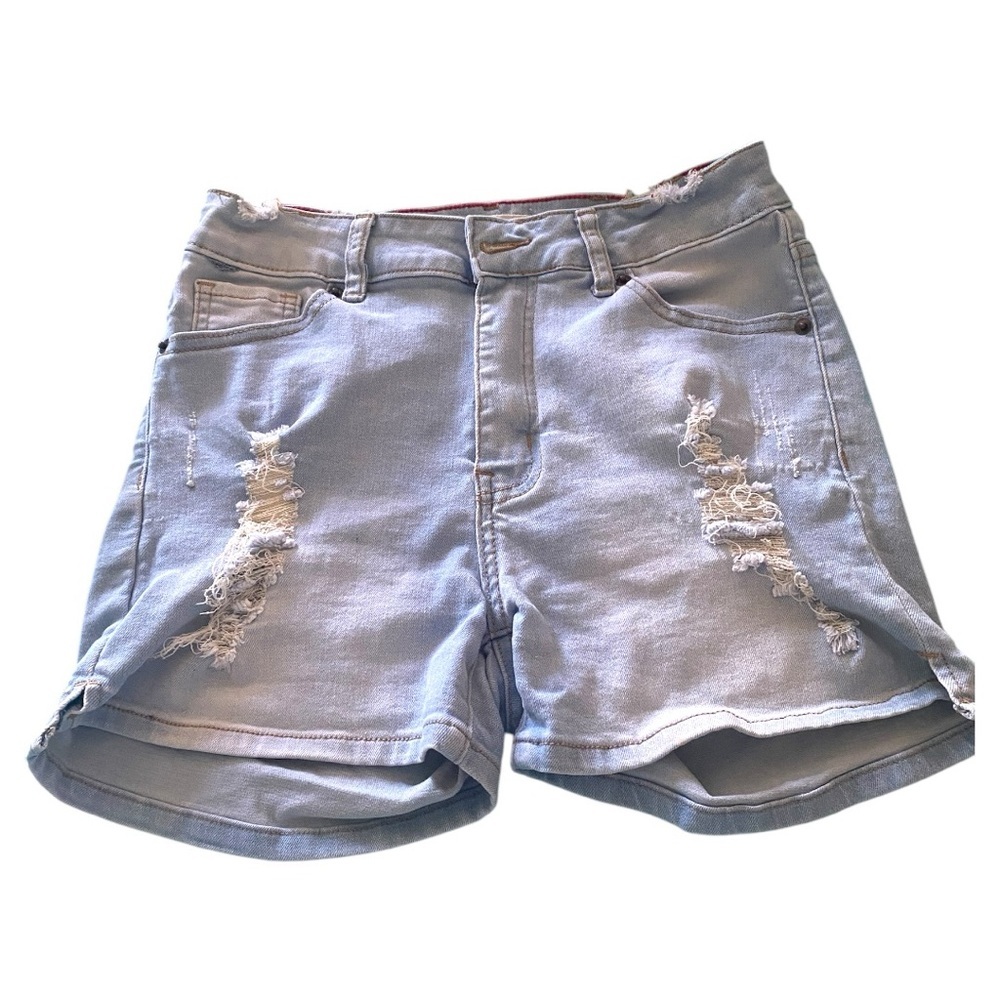 Blue Jean Shorts with Distressed Details and Raw Hem